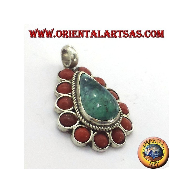pendentif en argent avec turquoise naturel et chute corail