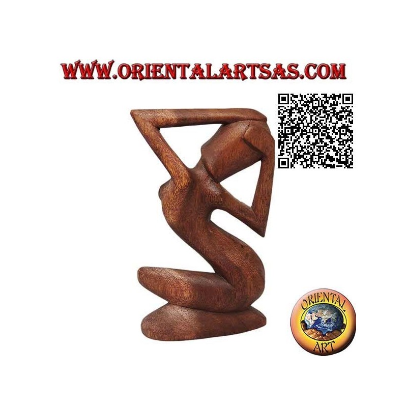Sculpture of a sensual naked woman with crossed legs and long hair, in 21 cm suar wood