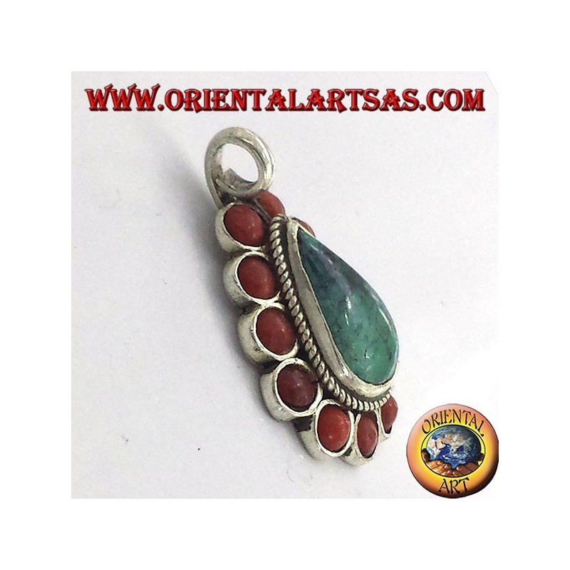 Silver Pendant with Natural Turquoise teardrop, and coral
