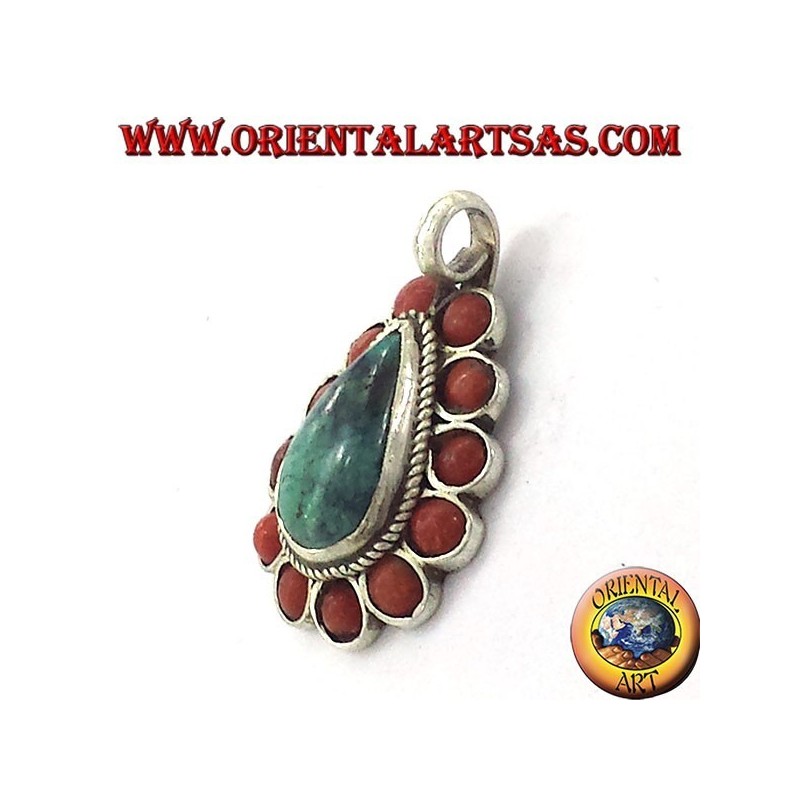 pendentif en argent avec turquoise naturel et chute corail