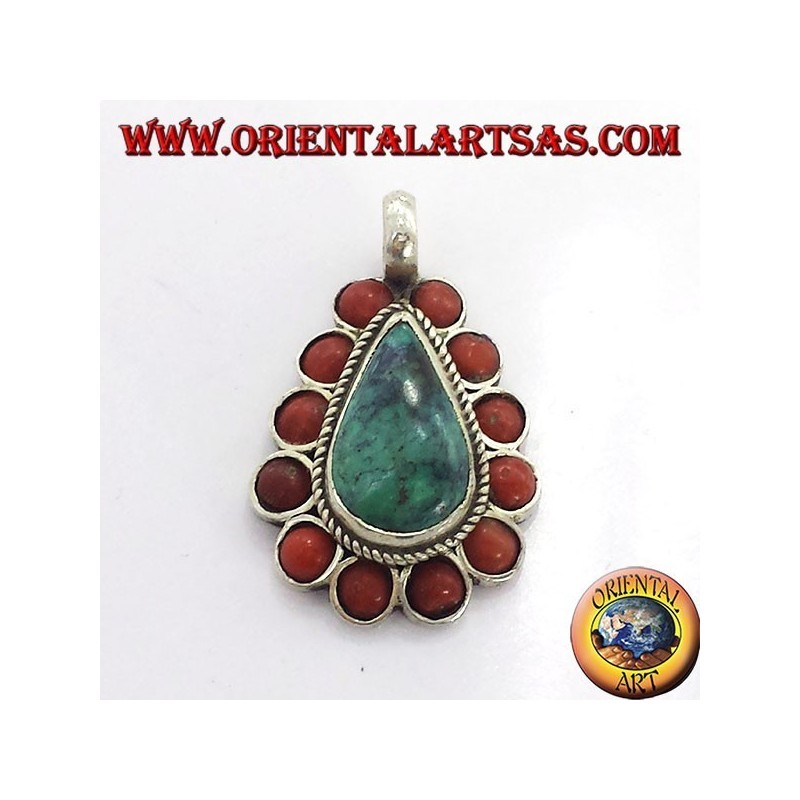Silber Anhänger mit natürlicher Türkis Teardrop, und Korallen