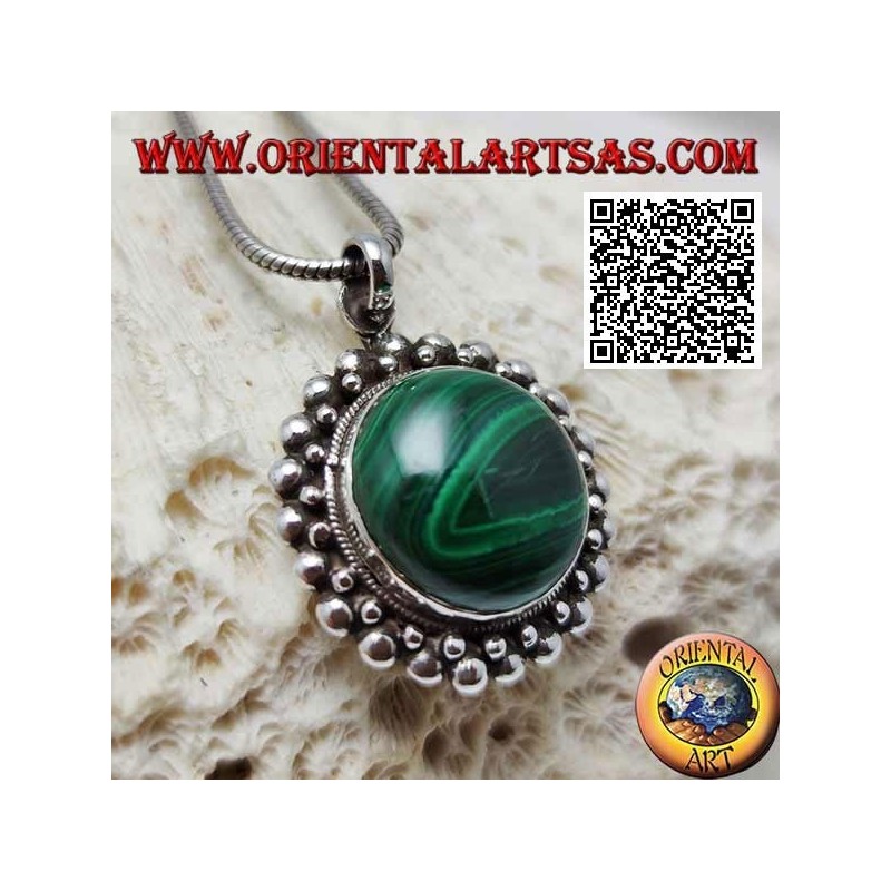 Silver pendant with natural round malachite cabochon surrounded by a double row of balls