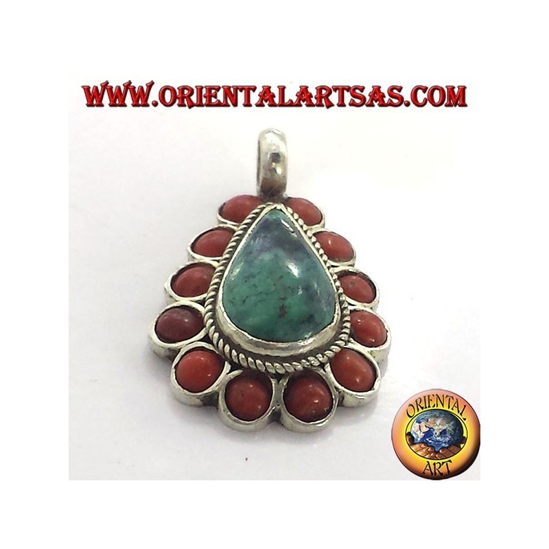 colgante de plata con turquesa natural y caída de coral