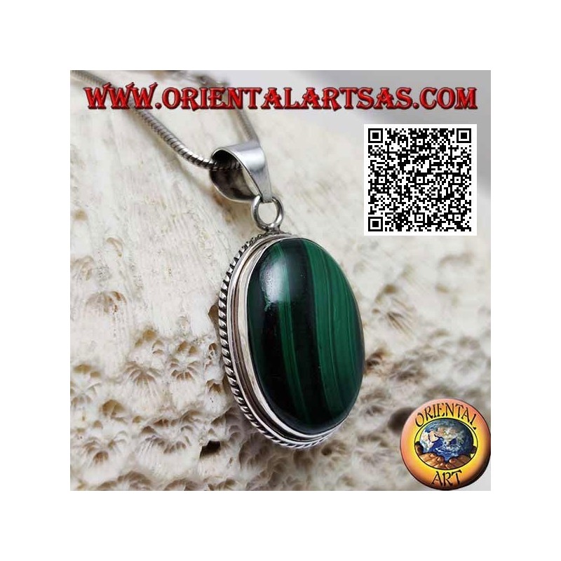 Silver pendant with large natural oval cabochon malachite surrounded by weaving