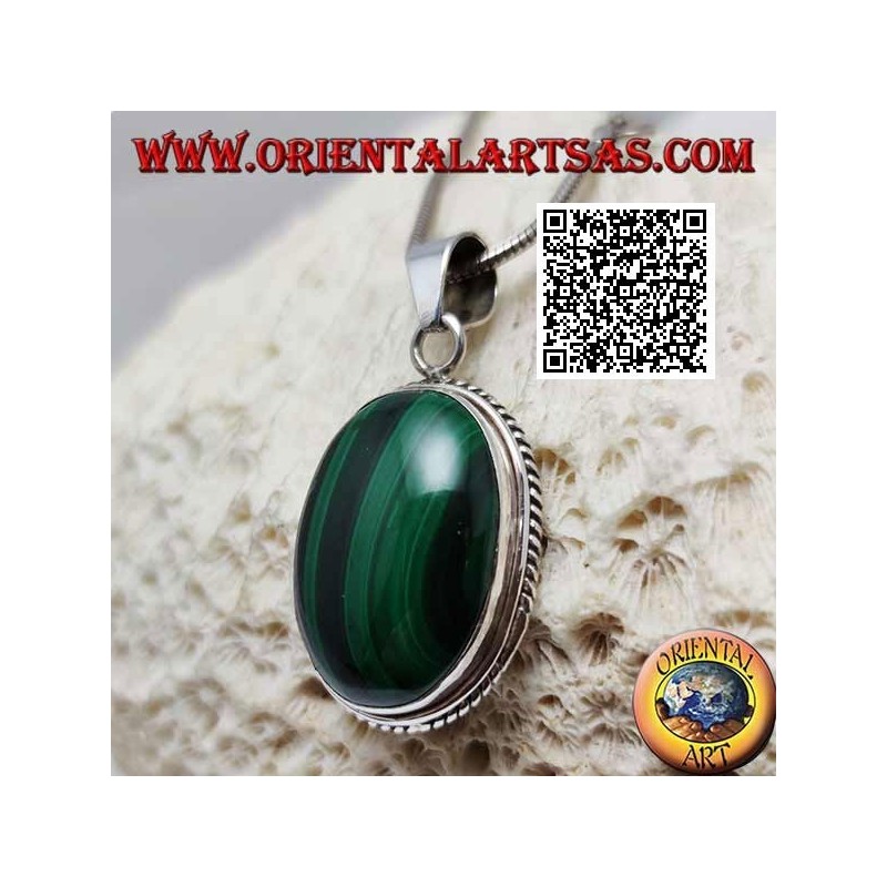 Silver pendant with large natural oval cabochon malachite surrounded by weaving