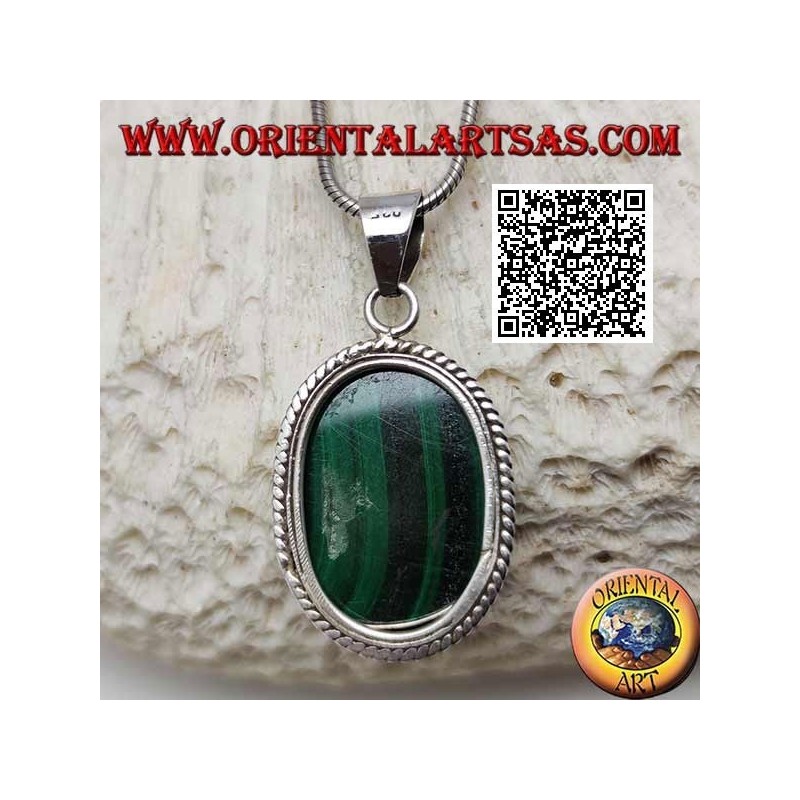 Ciondolo in argento con malachite ovale grande naturale cabochon contornata da intreccio