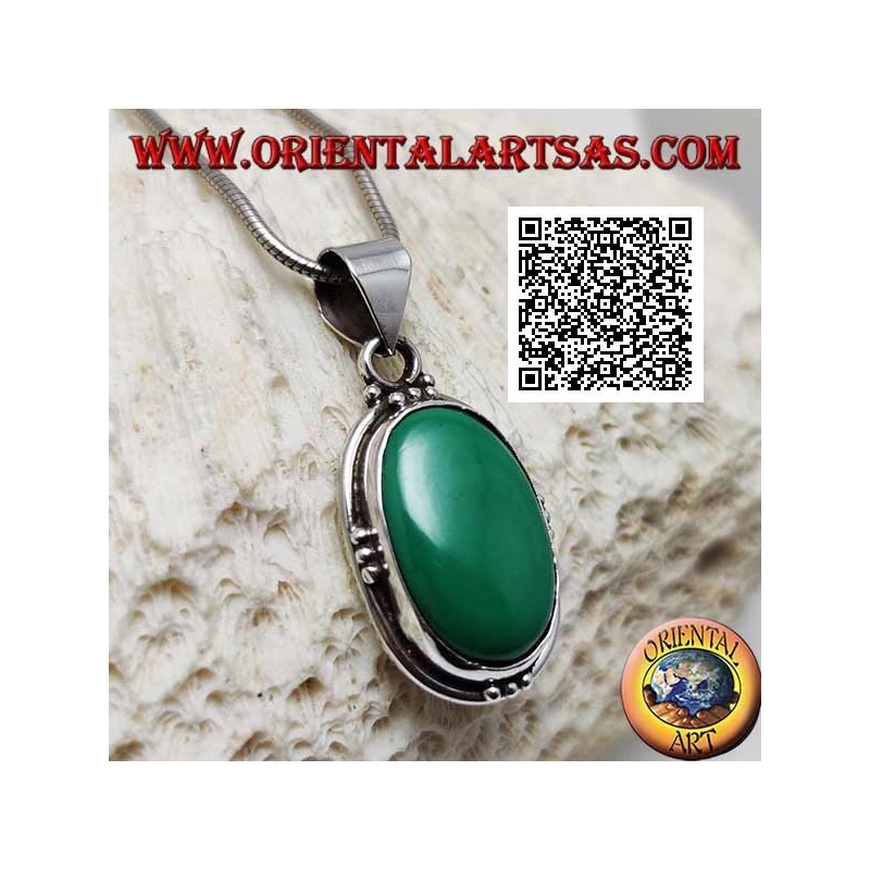 Silver pendant with natural oval malachite on smooth setting with trio of balls on the four cardinal points