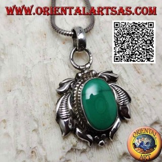 Silver pendant with natural oval malachite surrounded by engraved leaves