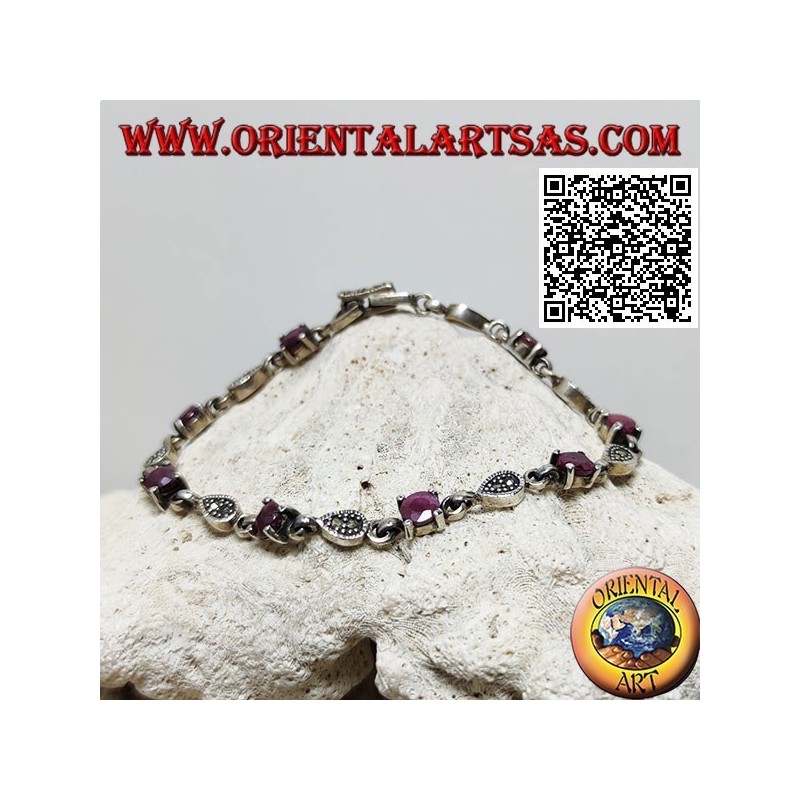 Bracelets en argent sertis de 8 rubis ronds naturels alternant avec des gouttes de marcassite