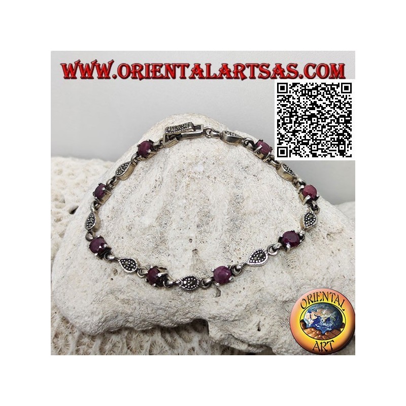 Pulseras de plata con 8 rubíes redondos naturales engastados alternando con gotas de marcasita