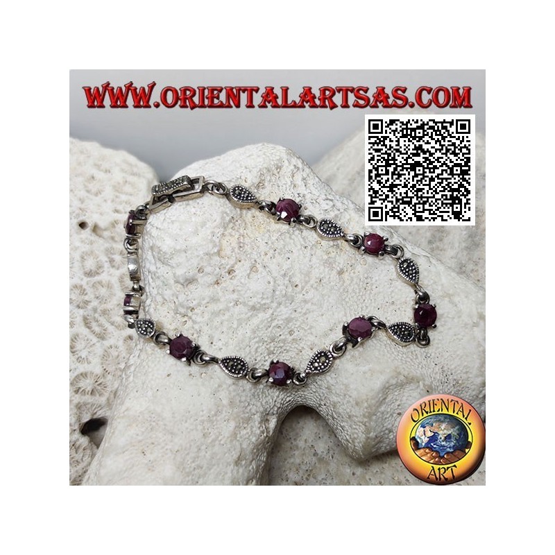 Bracciali in argento con 8 rubini tondi naturali incastonati alternati a gocce di marcassite