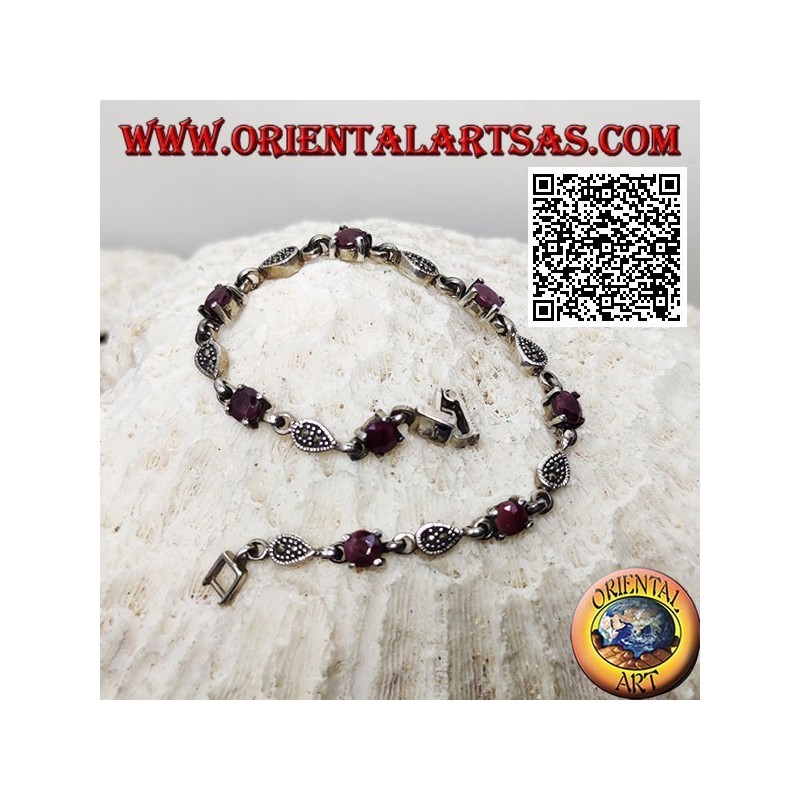 Pulseras de plata con 8 rubíes redondos naturales engastados alternando con gotas de marcasita