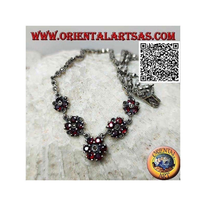 Collier en argent 925 ‰, tour de cou clouté de marcassite avec 5 cercles de grenat ronds successifs