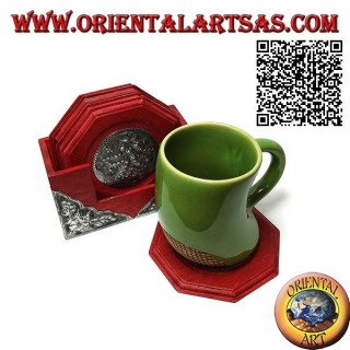 Set da 6 sottobicchieri ottagonali con contenitore in legno di mogano e inserti in argentone a decori floreali (rosso)