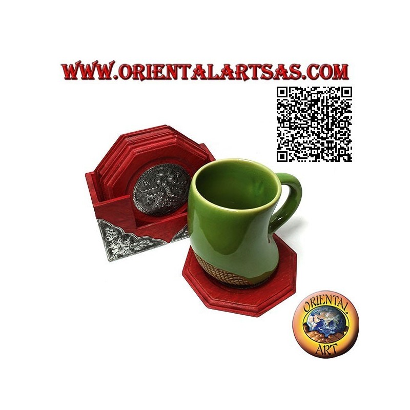Set da 6 sottobicchieri ottagonali con contenitore in legno di mogano e inserti in argentone a decori floreali (rosso)