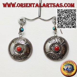 Silver shield earrings with central Tibetan coral and filigree decoration