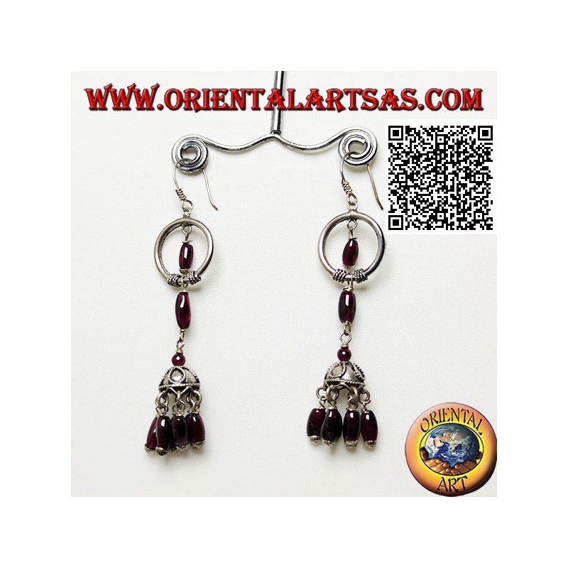 Silver hoop pendant earrings with umbrella underneath with hanging oval natural garnets
