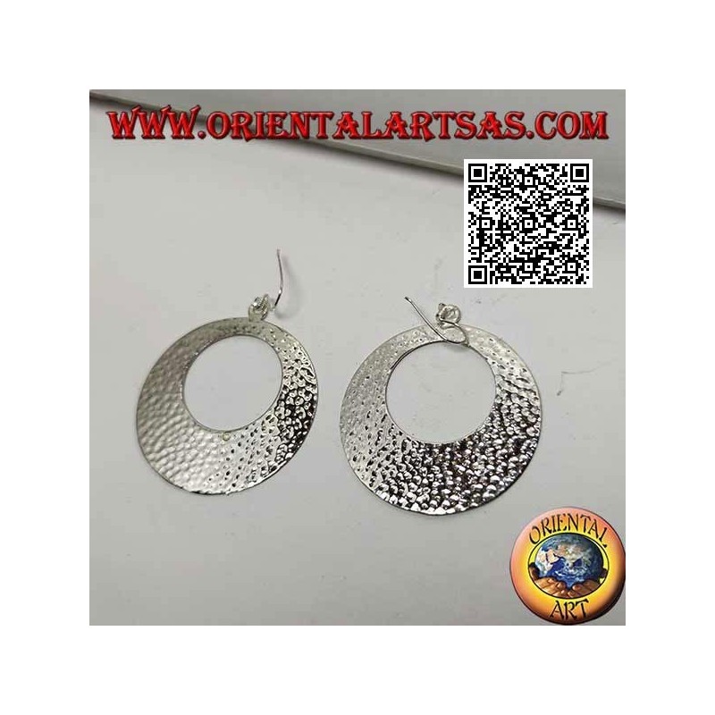 Hammered silver hoop pendant earrings with circular opening