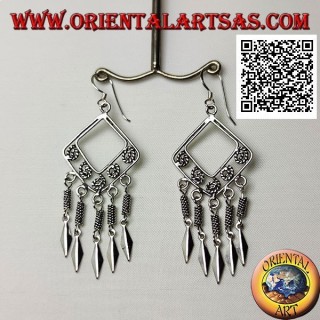 Silver earrings with rhombus strands with spirals intertwined inside and hanging spear points