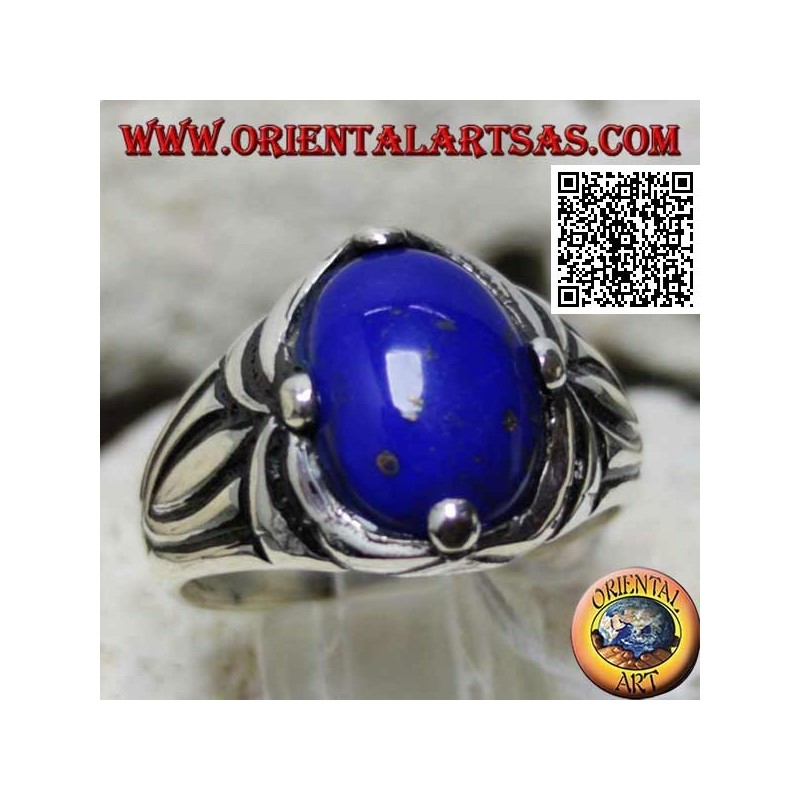 Silver ring with oval cabochon lapis lazuli set and engravings on the sides