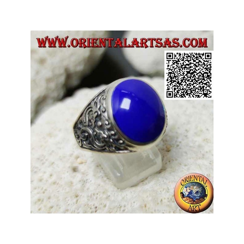 Silberring mit ovalem Cabochon Lapislazuli und doppeltem japanischen Drachen im Basrelief an den Seiten