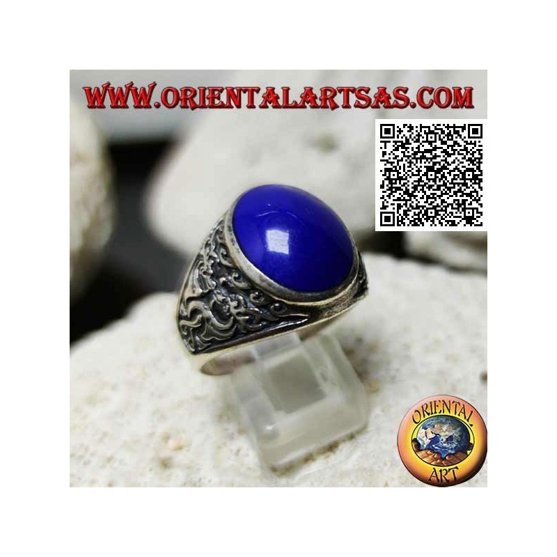 Silberring mit ovalem Cabochon Lapislazuli und doppeltem japanischen Drachen im Basrelief an den Seiten