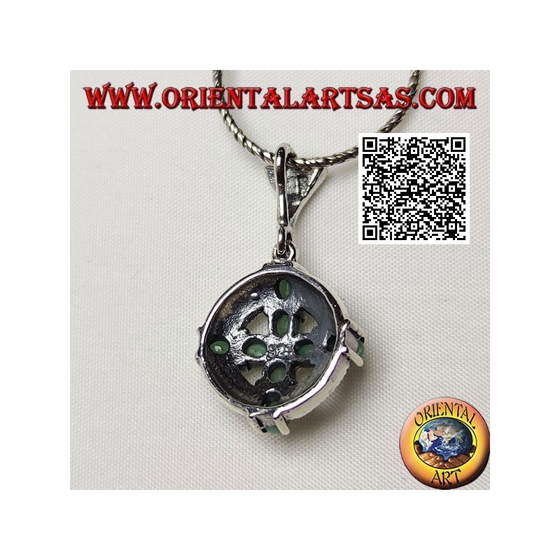 Silver pendant cross of 8 natural oval emeralds on a marcasite circle