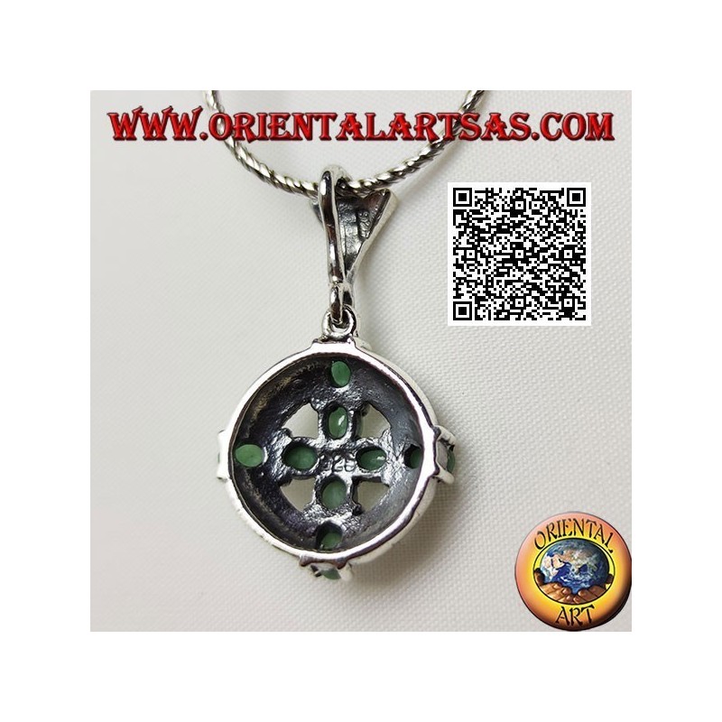Silver pendant cross of 8 natural oval emeralds on a marcasite circle