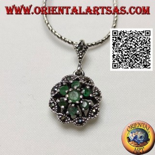 Silver daisy pendant with 6 +1 natural round emeralds on a marcasite cloud frame