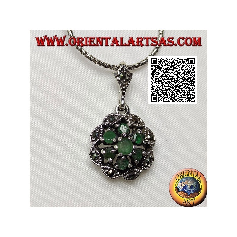 Silver daisy pendant with 6 +1 natural round emeralds on a marcasite cloud frame