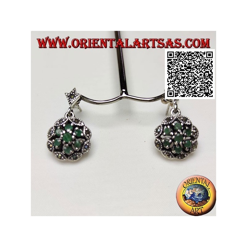 Daisy silver earrings with 6 +1 natural round emeralds on a marcasite cloud frame