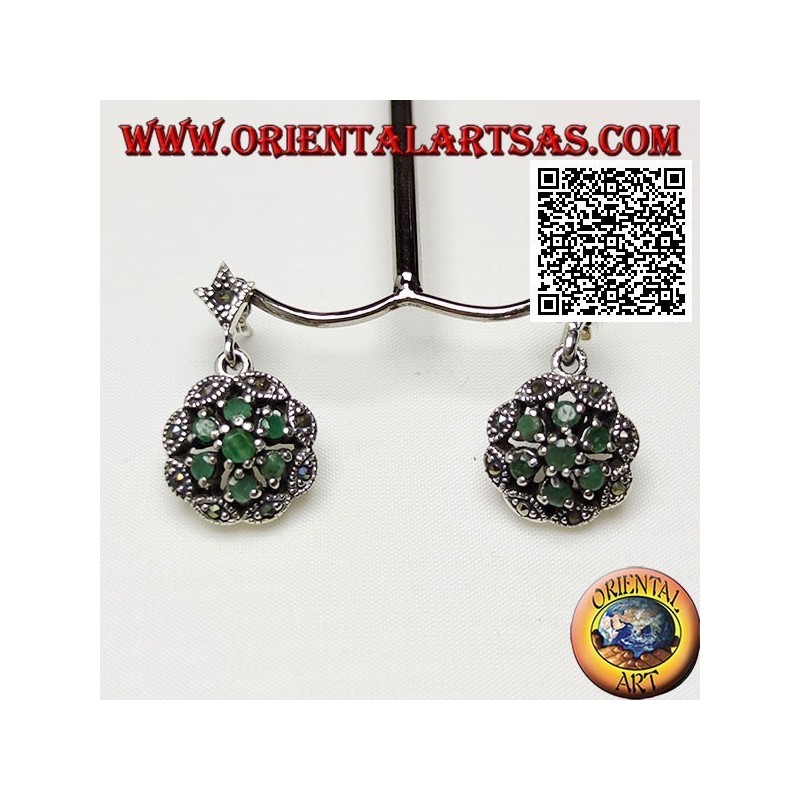 Daisy silver earrings with 6 +1 natural round emeralds on a marcasite cloud frame