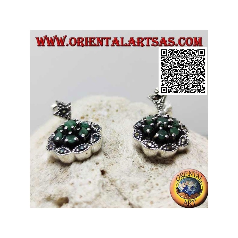 Daisy silver earrings with 6 +1 natural round emeralds on a marcasite cloud frame