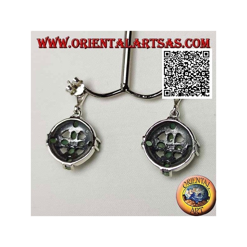 Silver earrings cross of 8 natural oval emeralds on a marcasite circle
