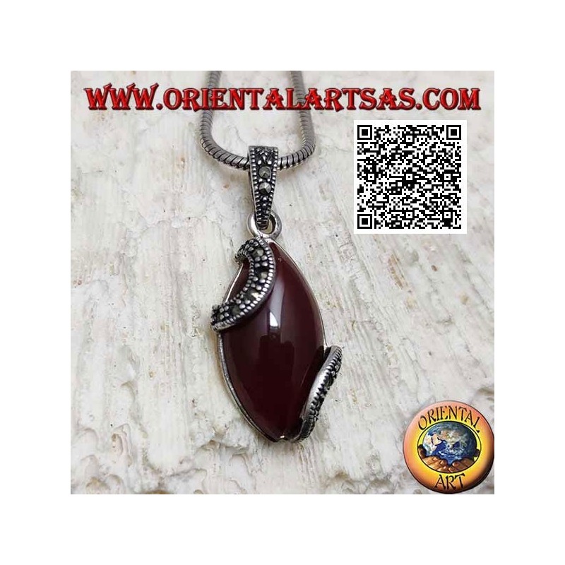 Silver pendant with cabochon shuttle carnelian and two marcasite semicircles