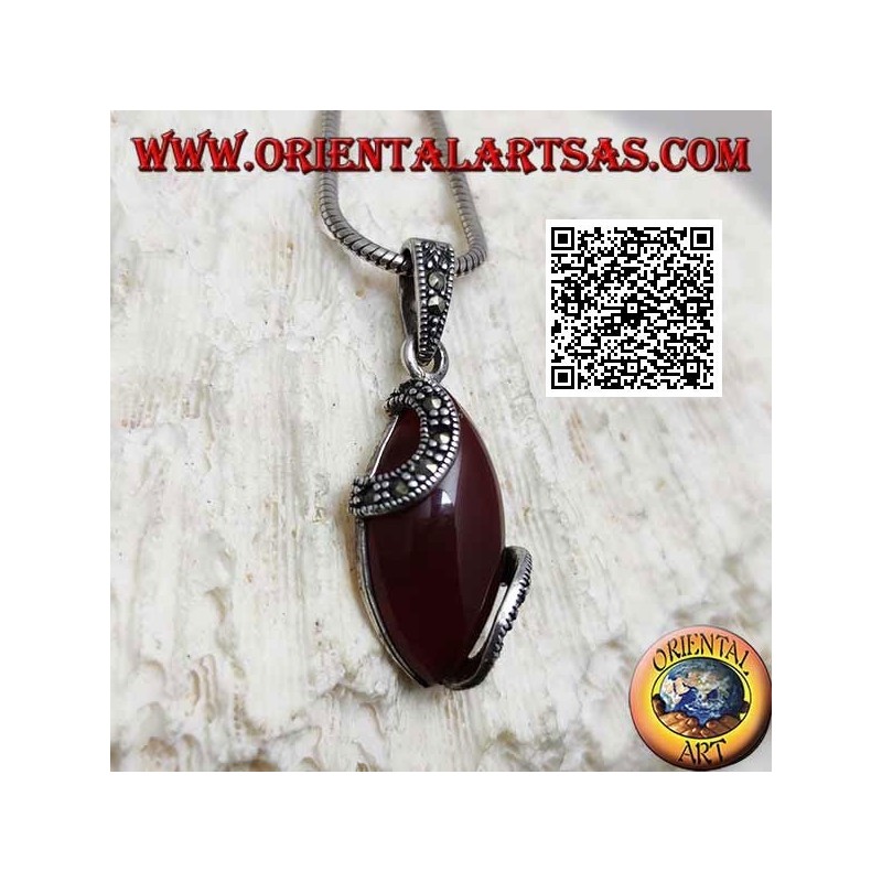 Silver pendant with cabochon shuttle carnelian and two marcasite semicircles