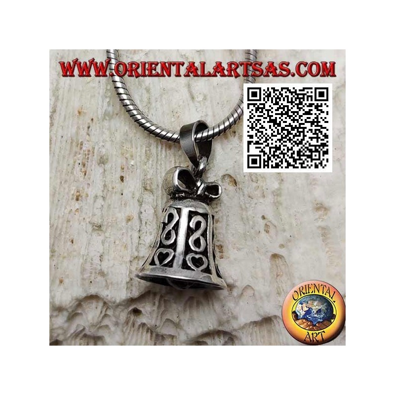 Silver pendant with openwork playable bell with infinity and heart