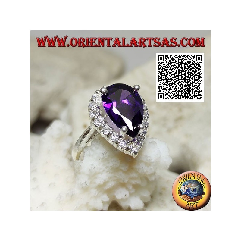Bague en argent avec améthyste goutte facettée synthétique sertie de zircons blancs