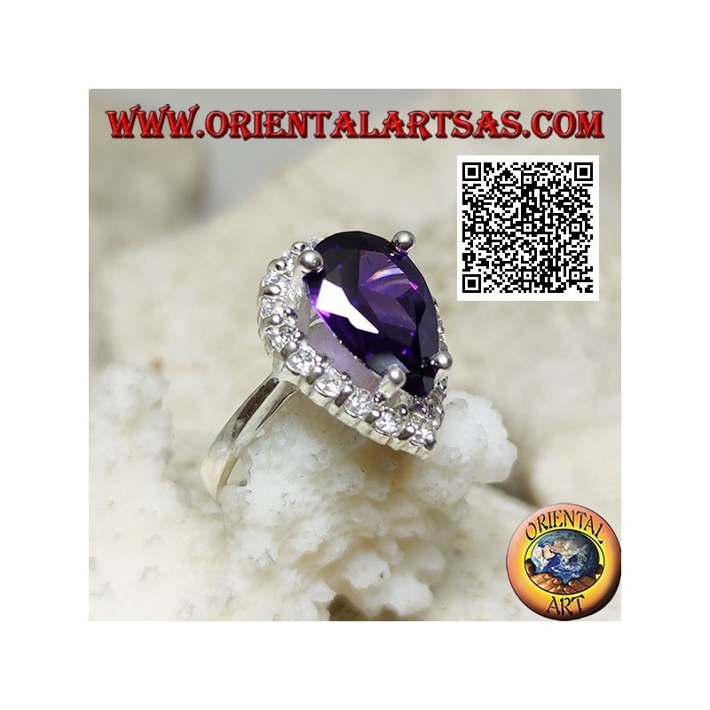 Bague en argent avec améthyste goutte facettée synthétique sertie de zircons blancs