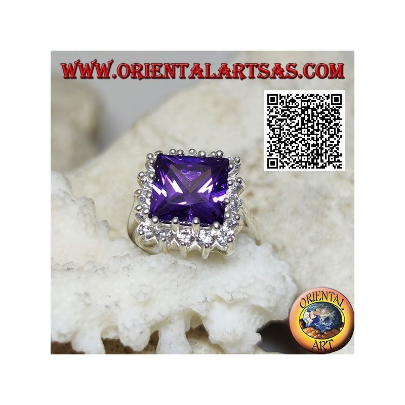 Silver ring with faceted square synthetic amethyst set surrounded by white zircons