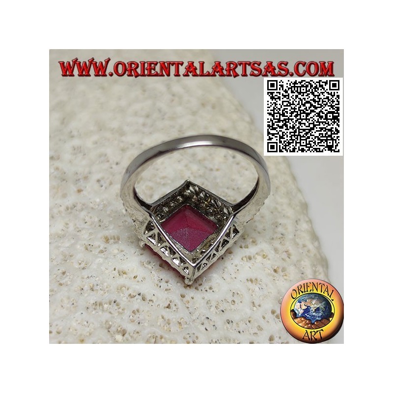 Silver ring with square rhomboid faceted synthetic ruby surrounded by white zircons