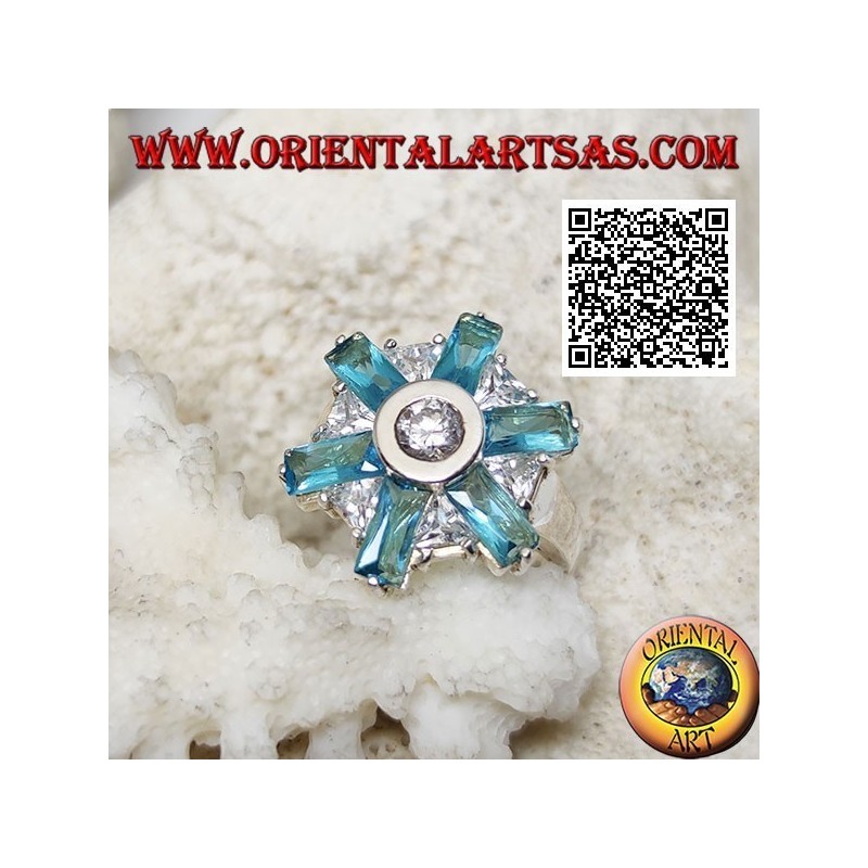 Bague en fleur d'argent à six pétales de topaze bleue et zircons blancs centraux et alternés