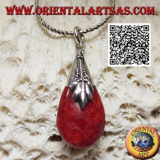 Silver pendant with three-dimensional drop of coral coral (red) and decorated hook