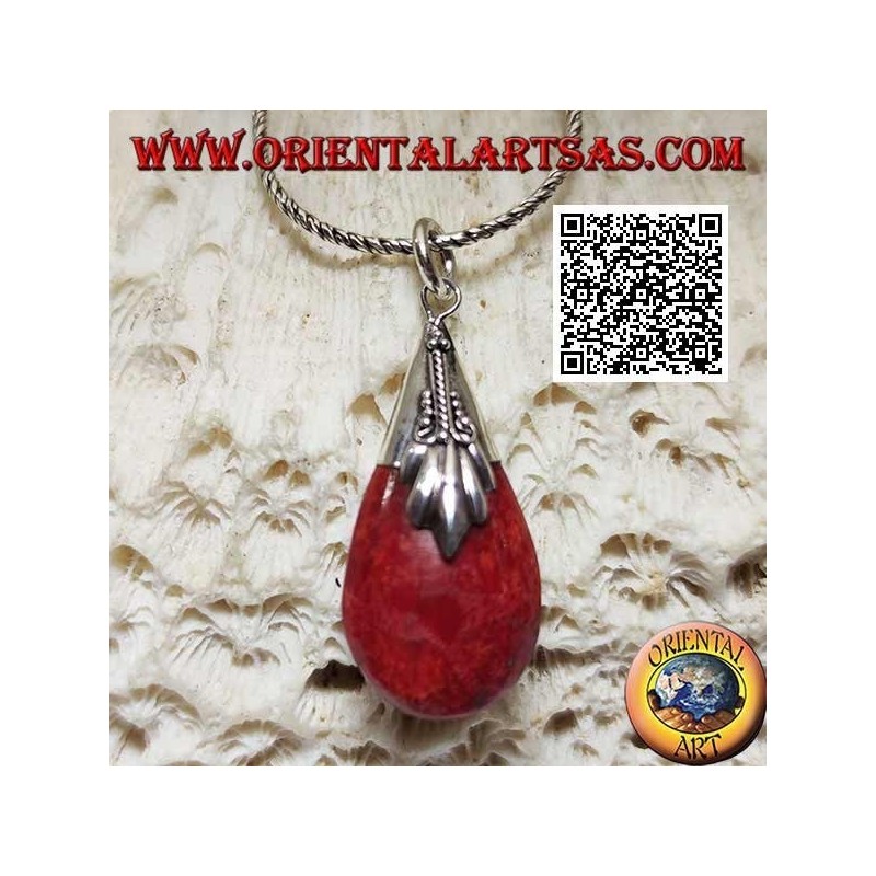 Silver pendant with three-dimensional drop of coral coral (red) and decorated hook