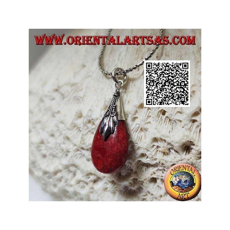 Silver pendant with three-dimensional drop of coral coral (red) and decorated hook