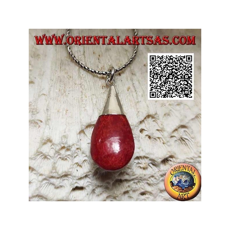 Pendentif en argent avec goutte tridimensionnelle de corail corail (rouge) et crochet décoré
