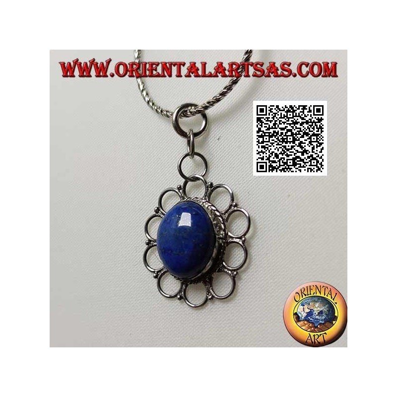 Pendentif en argent avec lapis lazuli ovale naturel entouré de cercles perforés