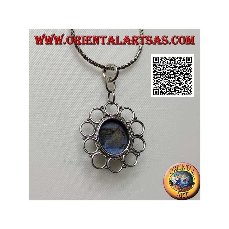 Ciondolo in argento con lapislazzulo naturale ovale contornato da cerchietti forati