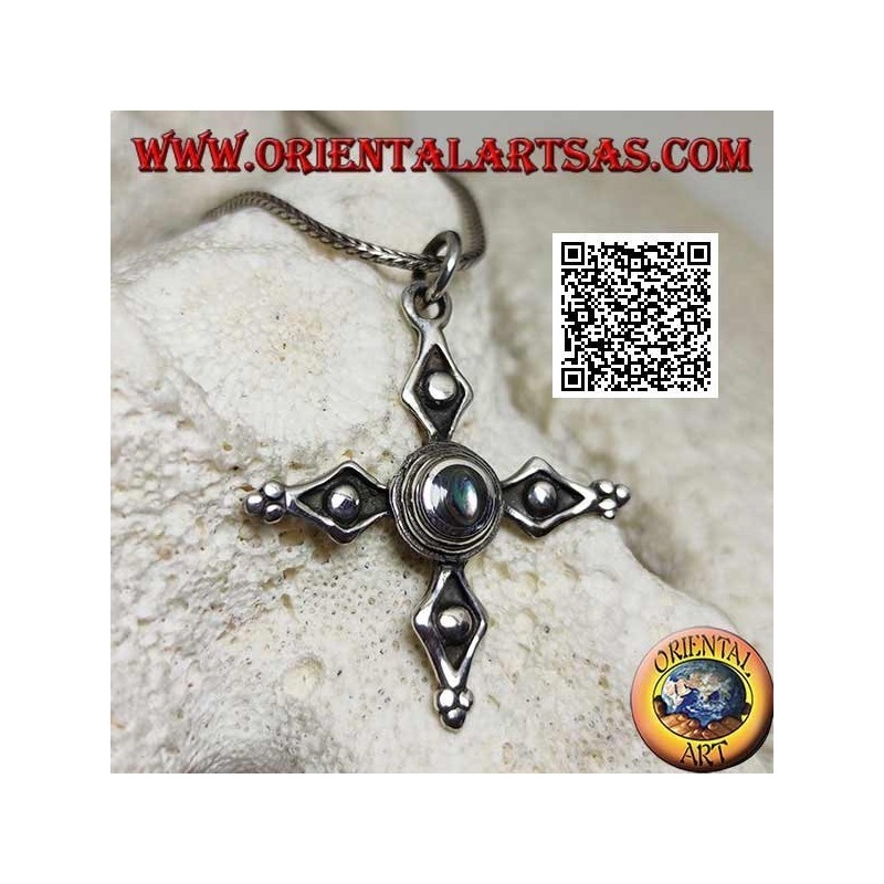Antique Cerdanya cross silver pendant with central paua shell (abalone)