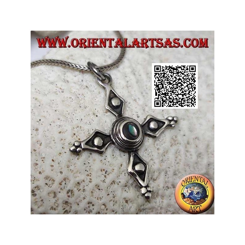 Ciondolo in argento croce antica di Cerdanya con paua shell (abalone) centrale